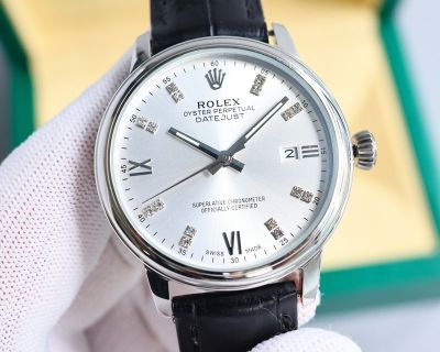 Rolex Datejust Replica with Leather Strap 8215 Movement 40mm 316L Steel Italian Leather Strap Black/White Dial Watch